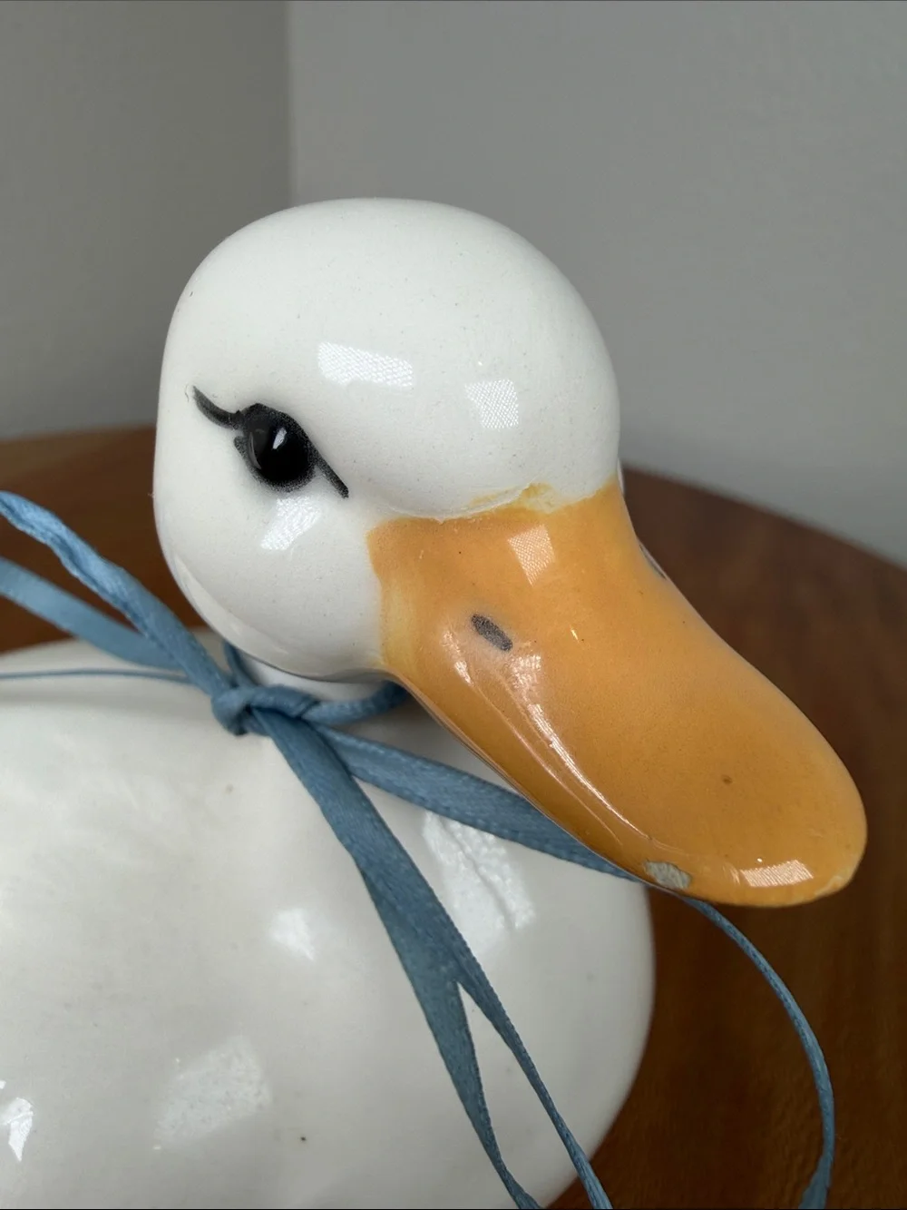 Vintage Hand Crafted Hand Made Ceramic Duck White Yellow Blue Bow Farmhouse